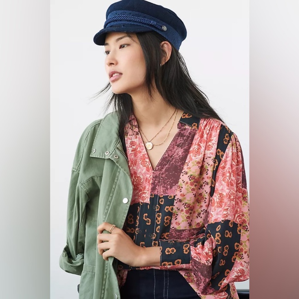Anthropologie Pink Floral Patchwork Blouse with Navy Accents
